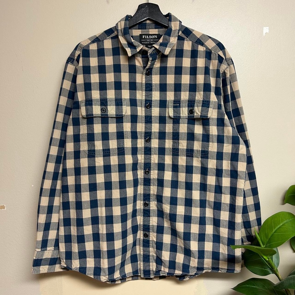 Filson Vintage 2000s Navy Cream Checkered Heavyweight Shirt Mens L